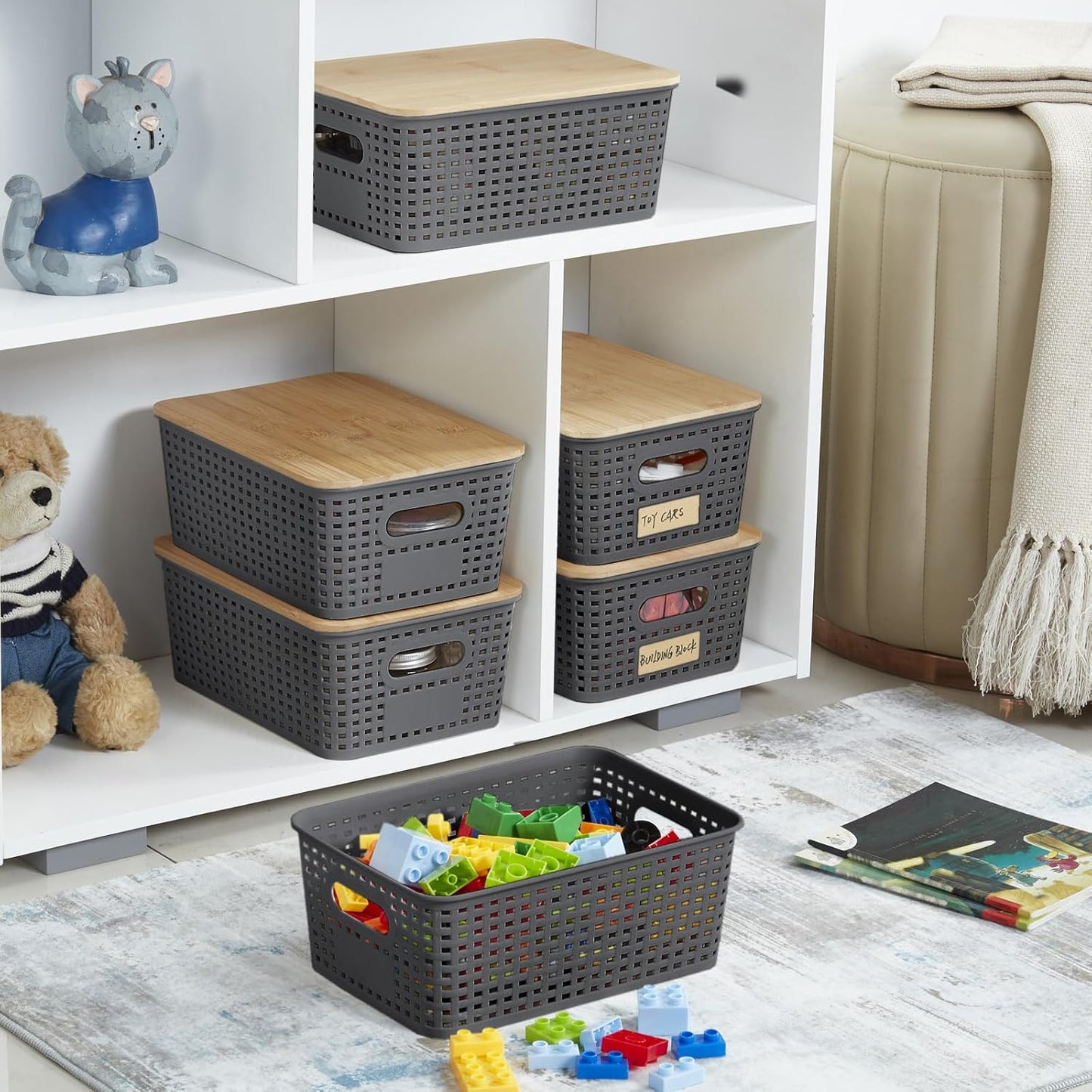 Bagnizer Small Plastic Storage Bins with Bamboo Lids 5.2qt Stackable Box Basket Pantry Decorative Containers Cute with Labels for Organizing Desktop Closet Office Cream White of 6 packs 10*7.2*4.1"