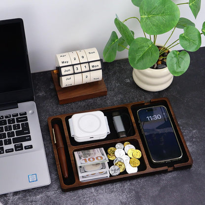 MultiBey Acacia Wood Valet Tray Nightstand Organizer, Wooden Valet Trays for Men Women, Wood Desk Organizer Drawer, EDC Essentials Catchall Tray for Phones, Watch, Pens, Keys