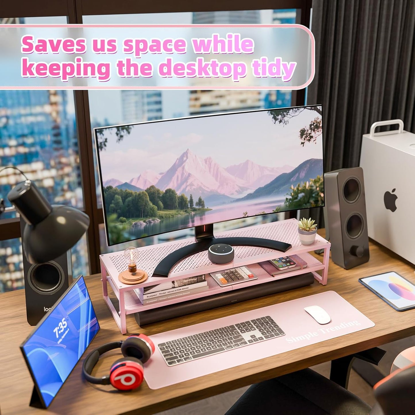 Simple Trending 2 Tier Metal Dual Monitor Stand Riser with 32"x10" Mouse Pad, Computer Desk Organizer for 2 Monitors, Laptop, Printer, TV, Black