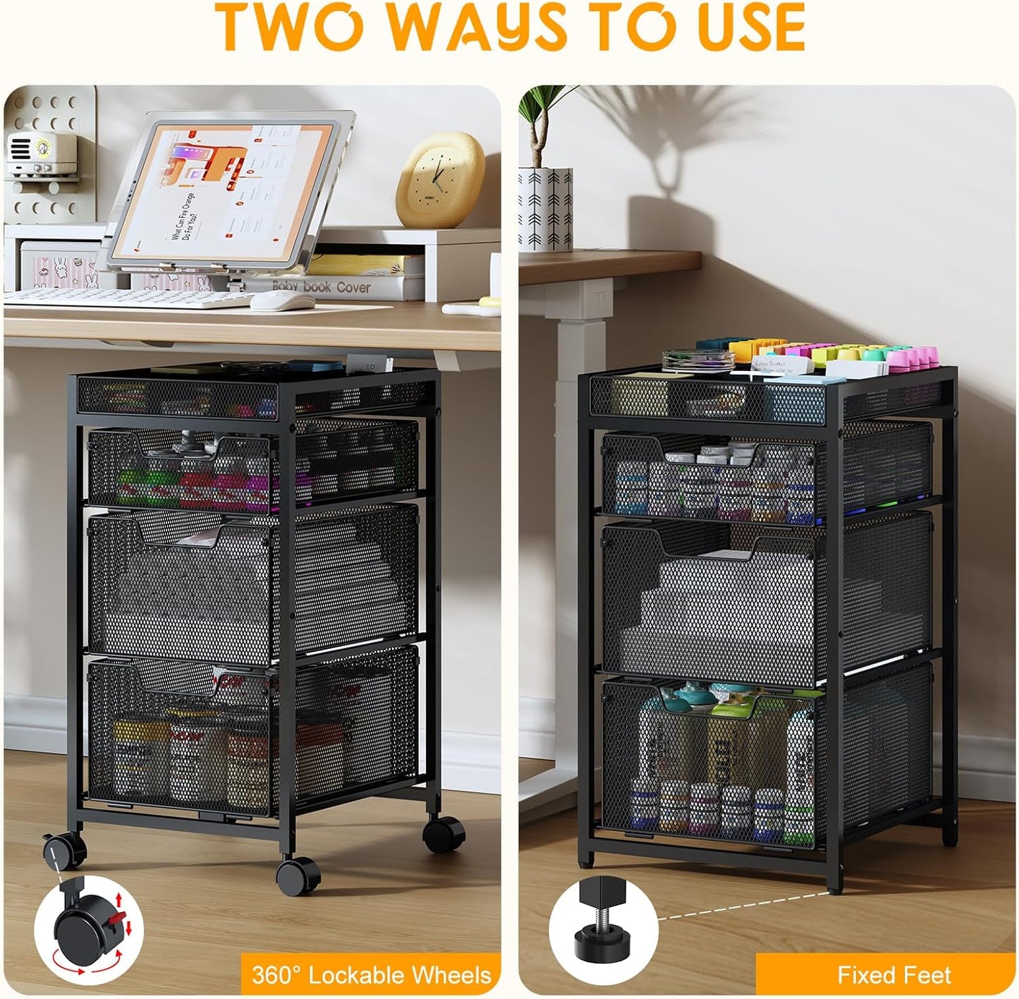Rolling Utility Cart with 3 Drawers, Craft Organizer and Storage with DIY Divider, Lockable Wheels, Multi-Functional Storage for Art Supplies, Store for Brushes & Paints & Small Parts(Patent Pending)