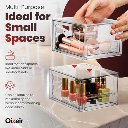 Oizeir Acrylic Drawer Organizer 2-Pack – Clear Stackable Storage Drawers for Makeup, Skincare, Vanity, Bathroom, Under Sink, Kitchen & Office – Non-Slip, Durable, Multi-Purpose Organizer Bins