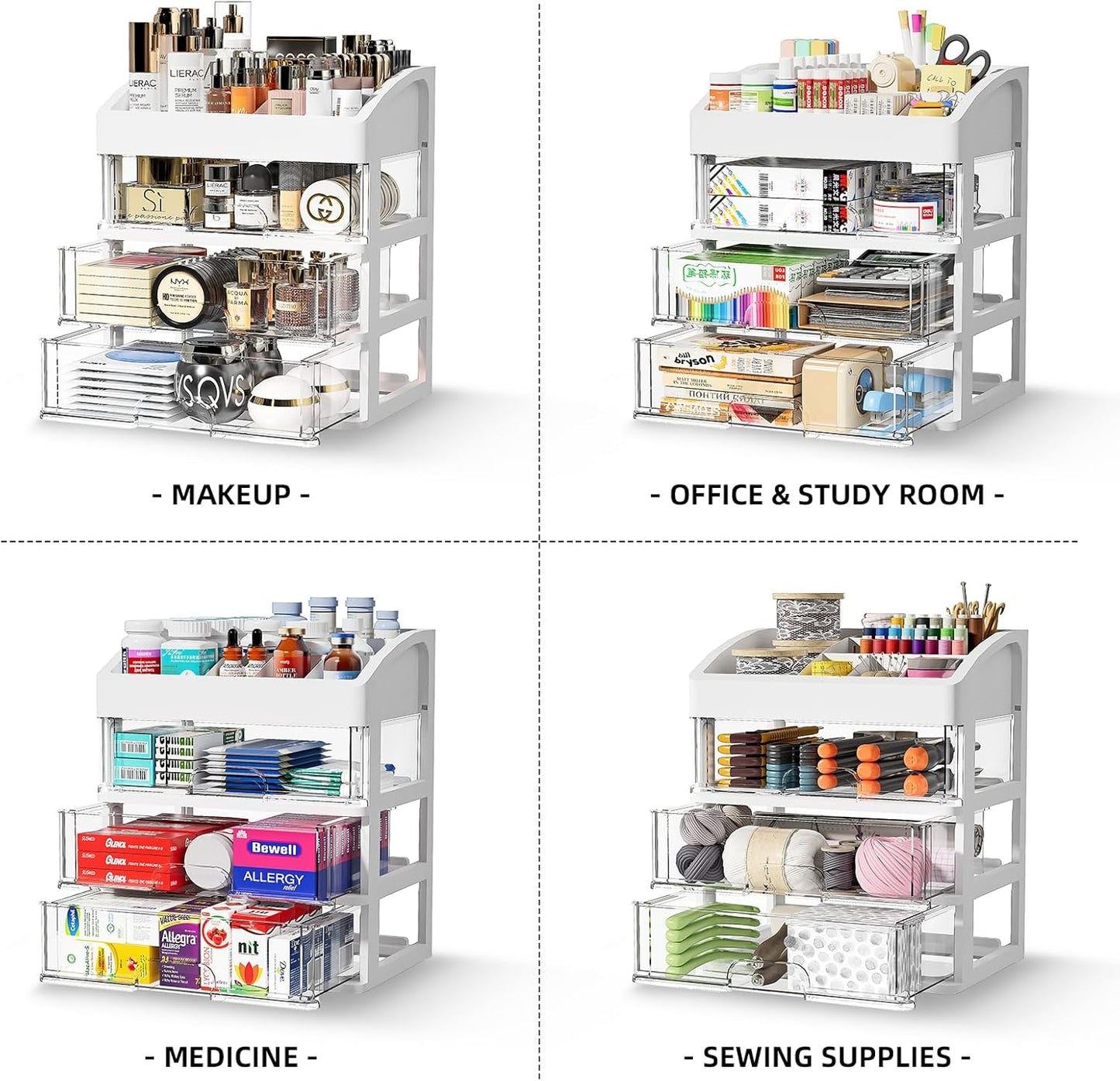 Desk Organizer with 4 Drawer Storage, Desktop Drawers Organizer for Office/School Supplies, Plastic Stationary Makeup Organizer, Desk Storage Box Organizer for Office, School, Bathroom