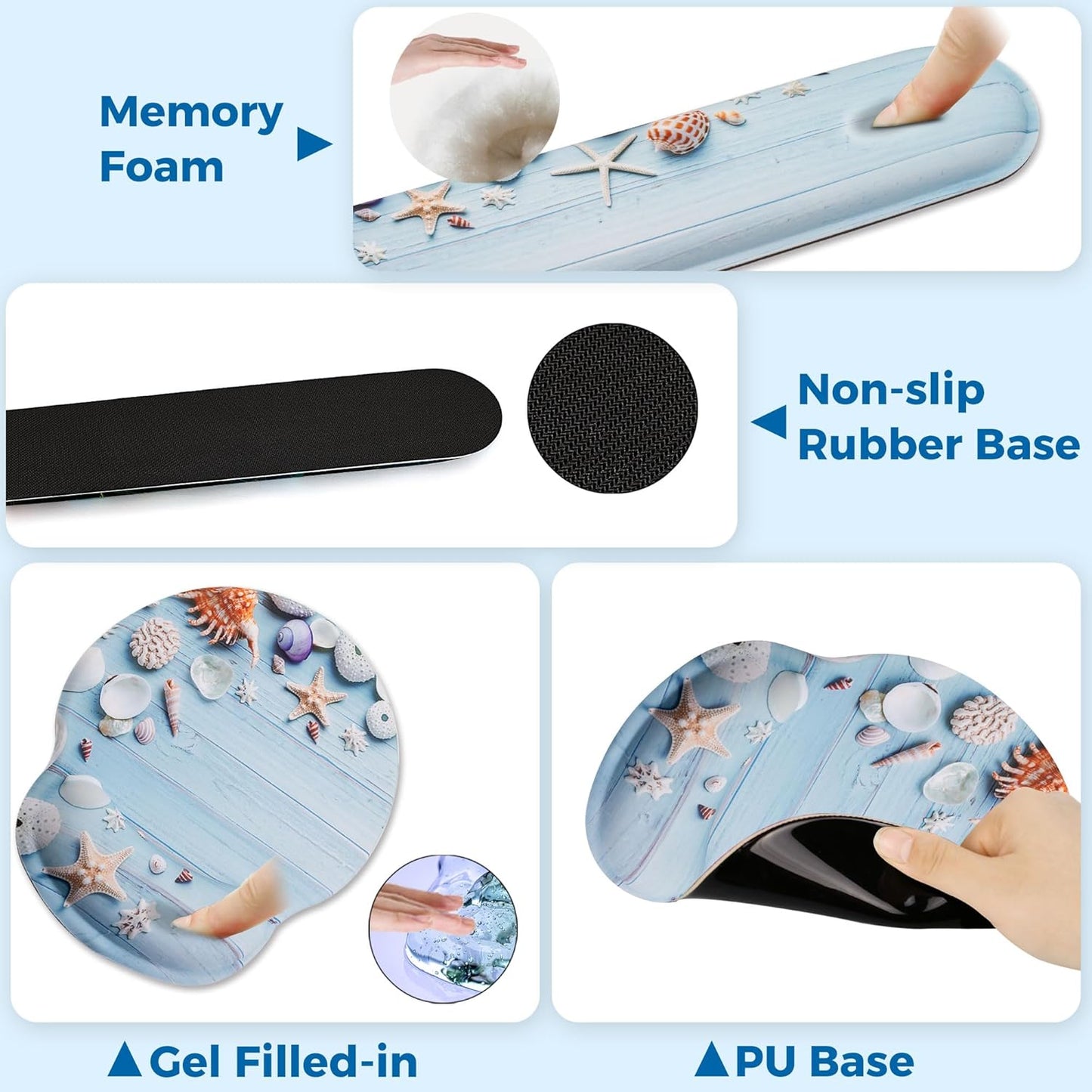 Mouse Pad and Keyboard Wrist Rest Support, with Non-Slip PU Base,Gel Mouse Pad with Coaster,Pain Relief for Gaming, Computer,Office -Beach