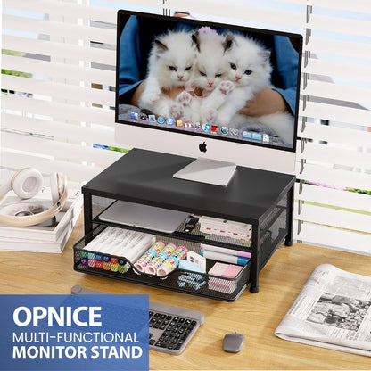 OPNICE Computer Monitor Stand Riser, Desk Organizer with Drawer, Printer & Laptop Stand, Office Desk Accessories & Workspace Desktop Organizers Storage for Office Supplies(Brown)