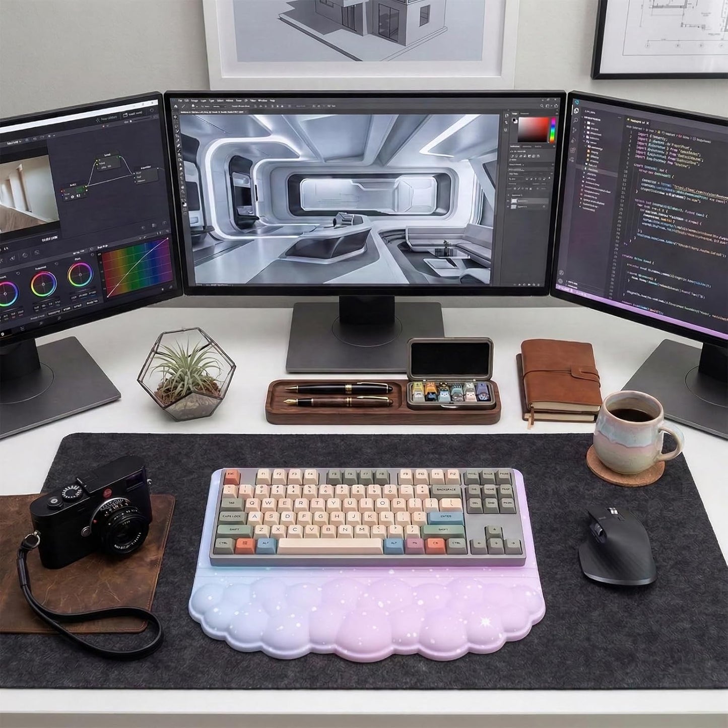 Computer Keyboard Stand Pad with Wrist Rest Purple Blue Cloud Keyboard Pad Support with Comfortable Galaxy Stars Wrist Pad Cute Girl Ergonomic Tilted Keyboard Riser Holder for Desktop Office Home