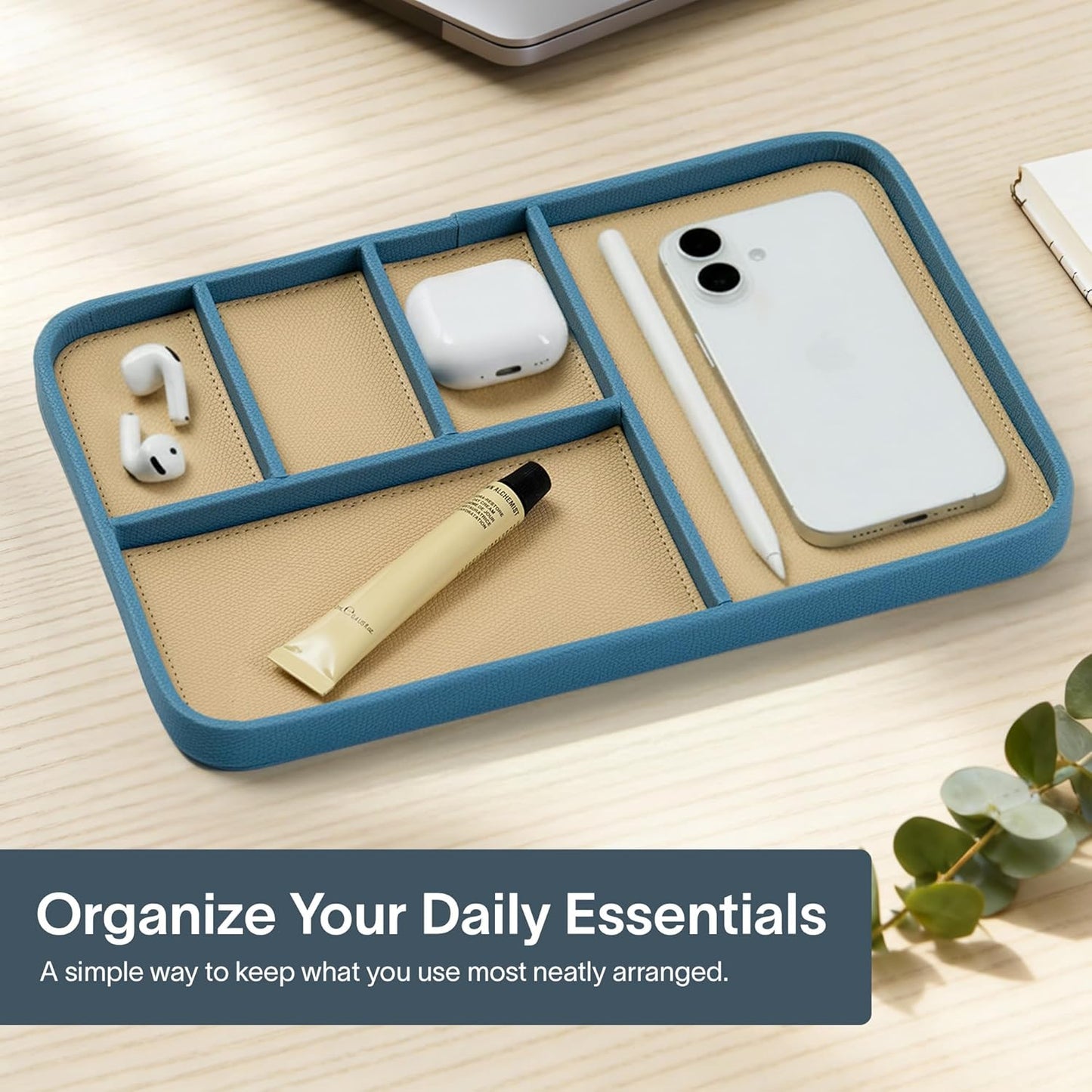 Nordik Leather Valet Tray - Sand Brown - 9.5 x 7.9 Inch Medium Vegan Leather Tray - Stylish Nightstand Organizer for Men - Modern Bedside Caddy - EDC Catchall for Key Watch Wallet Jewellery