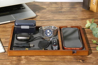 Shinpuru Wooden Valet Tray for Men, Nightstand Organizer with Leather Inlay, EDC Essentials Catchall Tray for Keys, Phone, Wallet, Watch, Earbuds - Bedside Desk Entryway Tray (Wood)