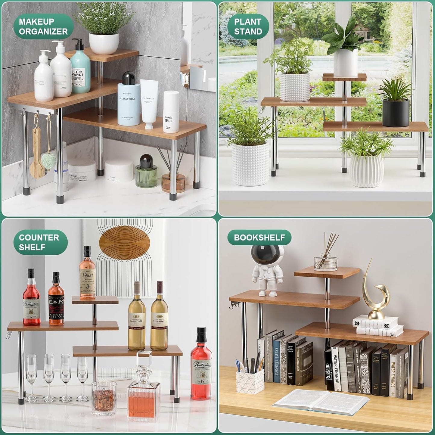 ZHWS Kitchen Countertop Organizer Spice Rack for Salt, Bathroom Counter Organizer Over Sink for Makeup, Skincare, Adjustable 3-Tier Corner Counter Shelf with 4 Hooks for Coffee Bar Dresser Table