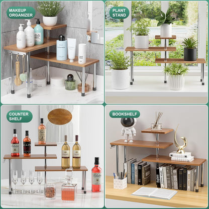 ZHWS Kitchen Countertop Organizer Spice Rack for Salt, Bathroom Counter Organizer Over Sink for Makeup, Skincare, Adjustable 3-Tier Corner Counter Shelf with 4 Hooks for Coffee Bar Dresser Table