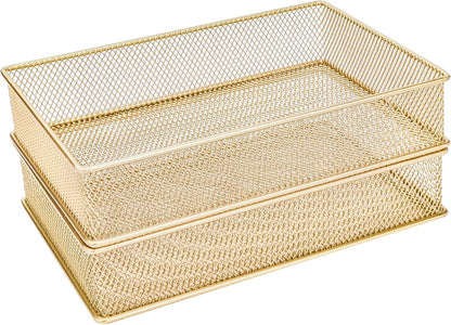 Annova Stackable Mesh Drawer Cabinet and Shelf Organizer Bins Storage Basket School Office Supply Holder Tray- Set of 2 (Gold, 3x3x2 Inch)