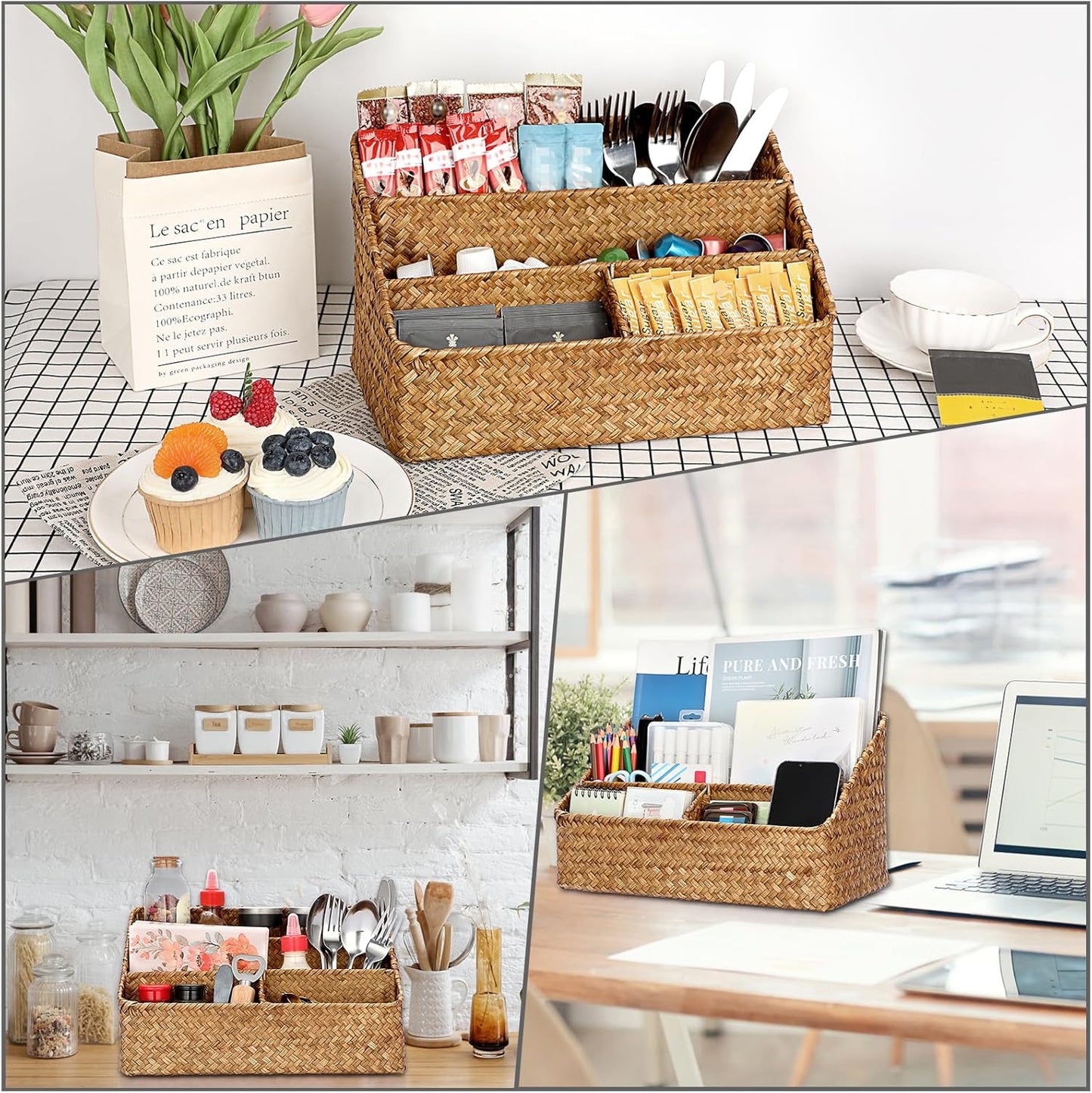 BTSKY Woven Storage Basket Natural Seagrass Vertical Wicker Storage Baskets with 4 Compartments Desk Organizers and Storage Magazine File Holder Home Office Supplies Sorter Rack, Coffee