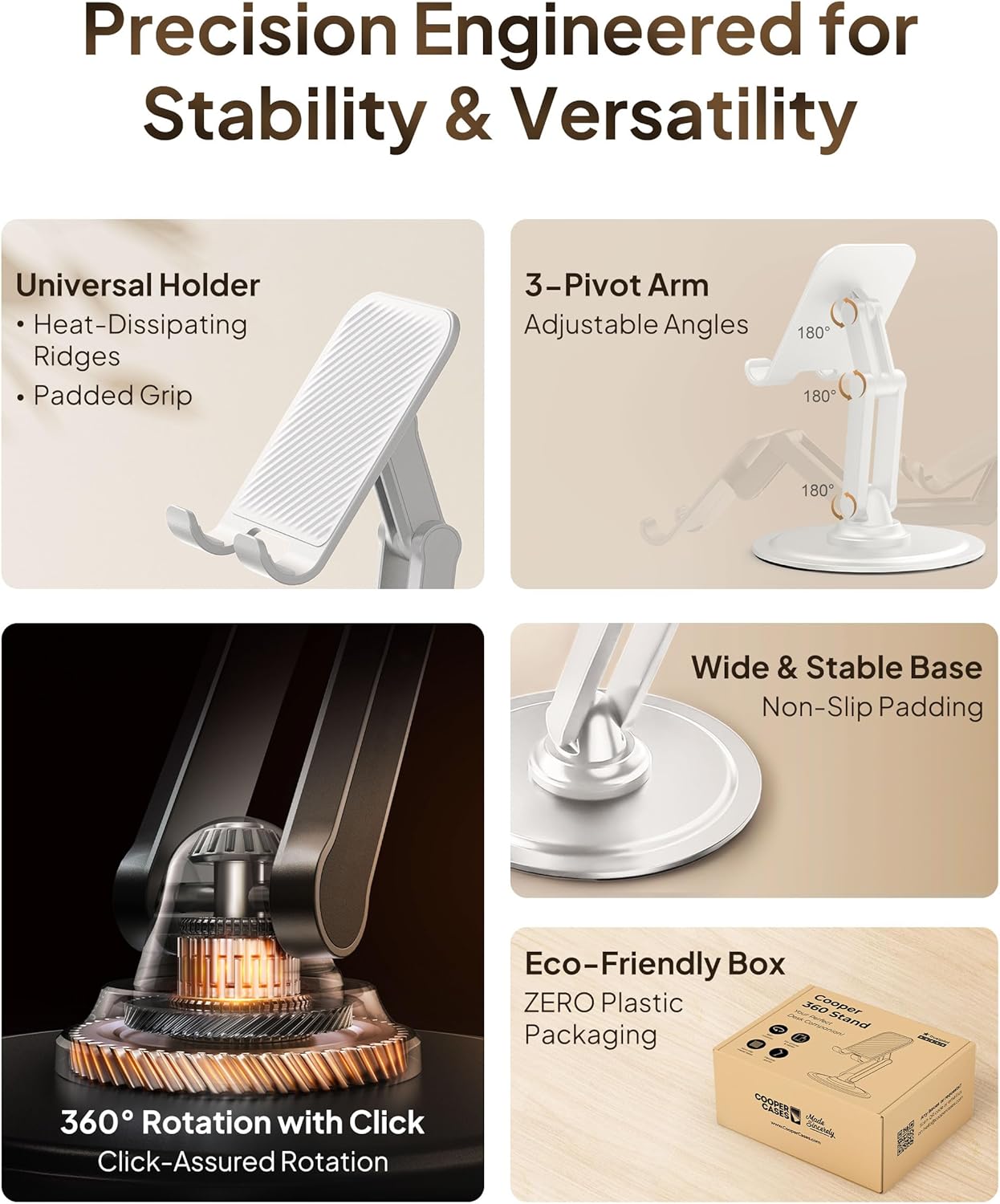 COOPER 360° Stand, Rotating Cell Phone Stand for Desk | Sturdy Metal Base, Foldable, Portable | Cell Phone Holder for Desk (Piano Black)