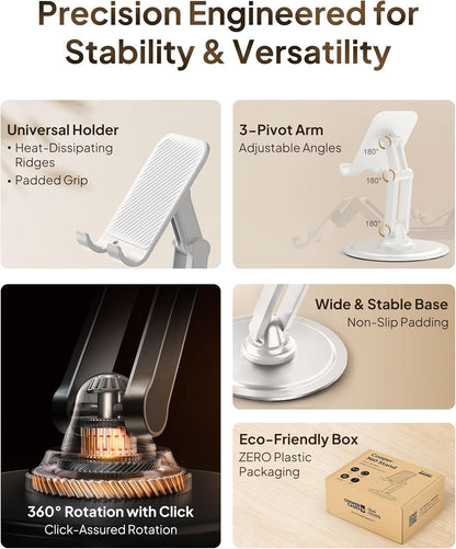 COOPER 360° Stand, Rotating Cell Phone Stand for Desk | Sturdy Metal Base, Foldable, Portable | Cell Phone Holder for Desk (Piano Black)