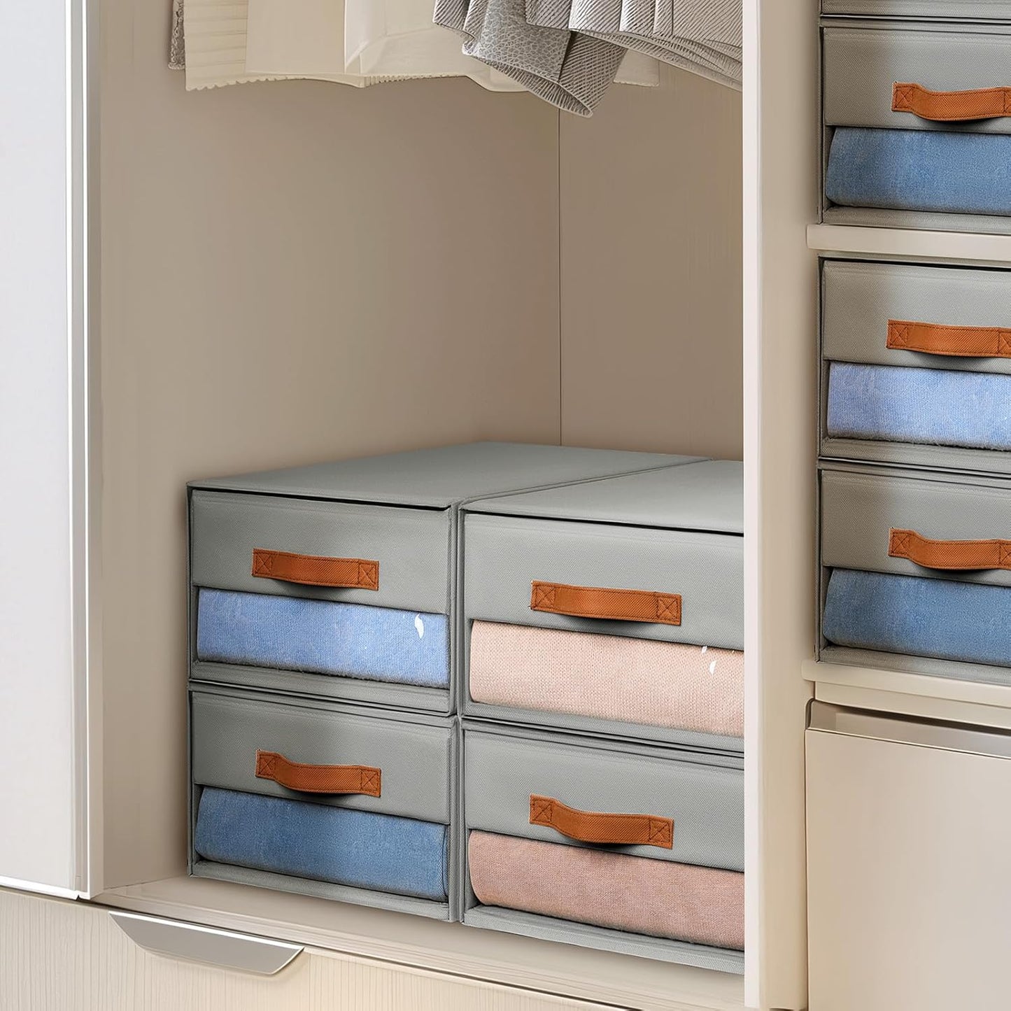 DIMJ Closet Organizers and Storage - Fabric Bins with Drawers for Closet Foldable Clothes Organizers with Clear Window, Stackable Storage Drawers Units for Bedroom, Living Room, 4-Pack, Grey