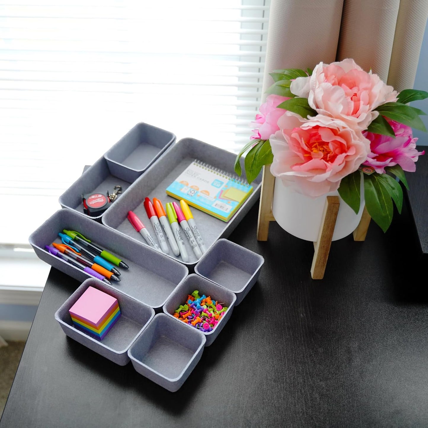 Welaxy Desk Drawer Organizer Tray Set, 8-Piece Office Drawer Organizers for Pens, Makeup, Keys, Crafts, Entryway Catchall, Decluttering Storage (Hot Pink)