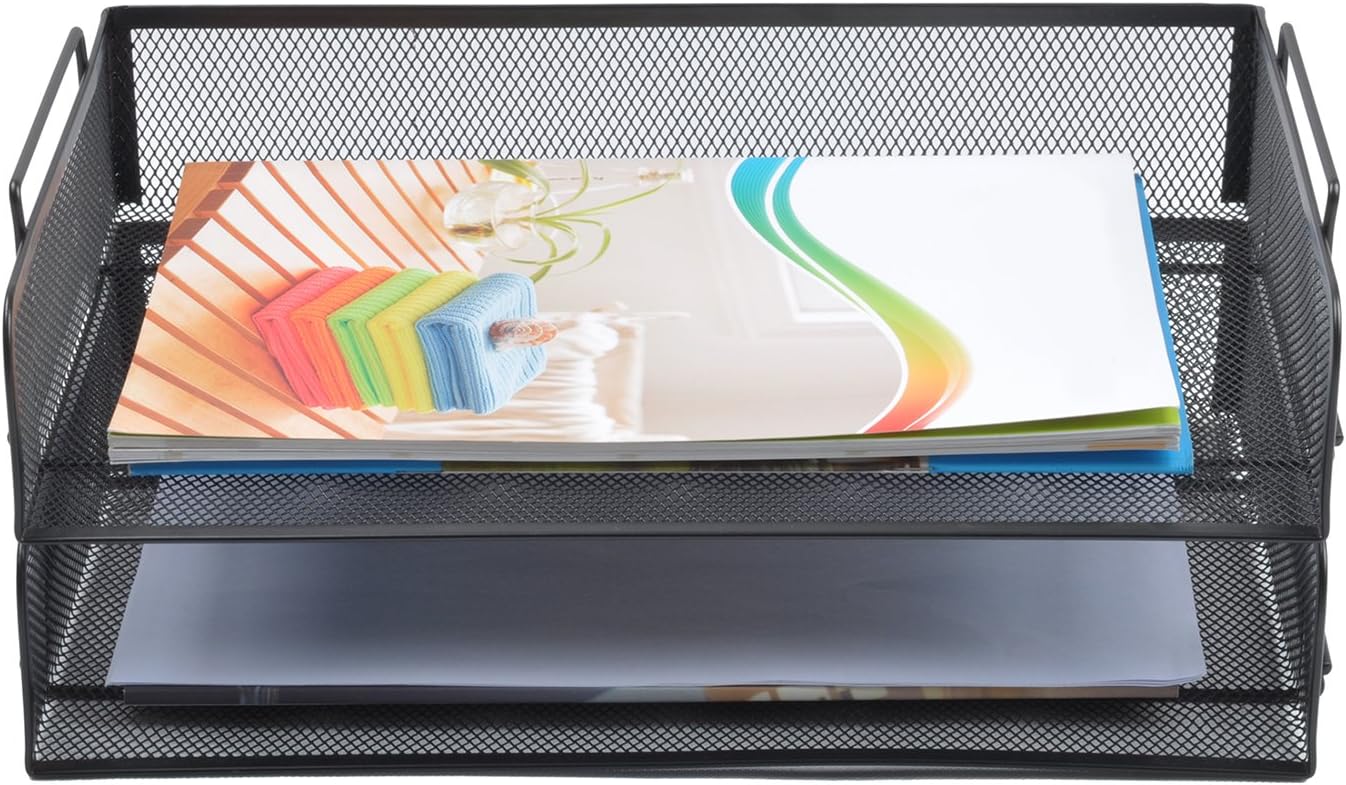 EASEPRES 2 Pack Stackable Desk Paper Tray, Metal Mesh Desktop Document Letter File Organizer for Office Home School, 13.5'' L x 9.75'' W x 5.5'' H, White