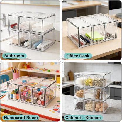 Prsildan Acrylic Makeup Organizer, 2 Pack Stackable Storage Drawers with 6 Drawers for Office Desk Vanity Craft Room Clear Drawer Organizers for Hair Accessories Art Supplies Cosmetics Modular System