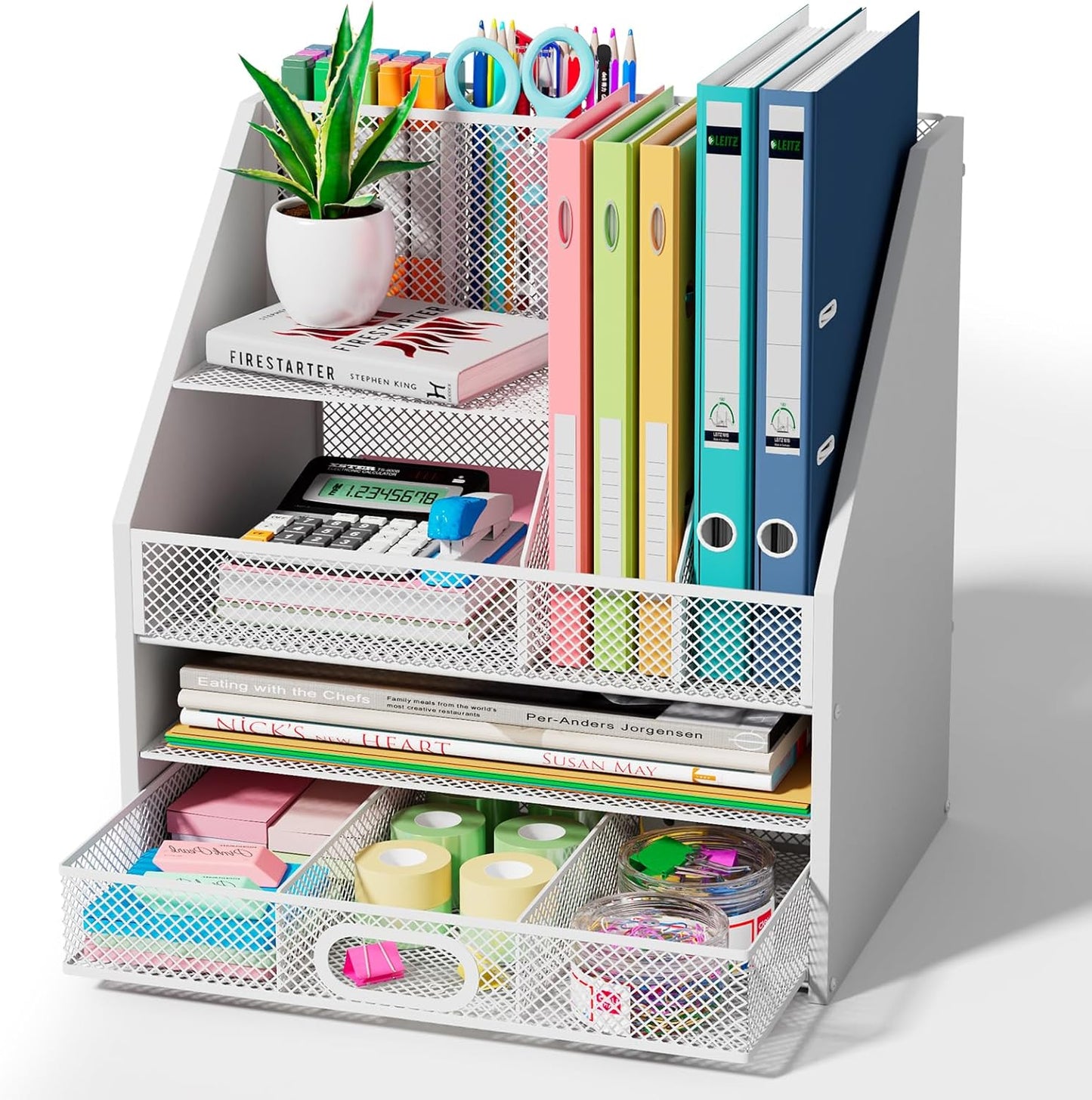 Homsorout Wooden Desk Organizer - Mesh File Organizer with Drawers and Pen Holder - 4-Tier Vertical Paper Letter Storage Tray, Desktop Organizers and Accessories for Home Office