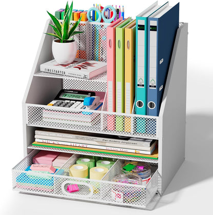Homsorout Wooden Desk Organizer - Mesh File Organizer with Drawers and Pen Holder - 4-Tier Vertical Paper Letter Storage Tray, Desktop Organizers and Accessories for Home Office