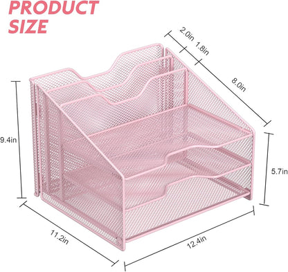 Samstar Desk File Organizer, Mesh Letter File Folder Holder with 3 Paper Trays and 2 Vertical Upright Section, for Office Supplies,Desk Accessories & Workspace,Black.