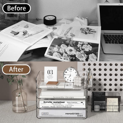 FANXIYQ 4-Tier Acrylic Paper Tray Organizer - Low-Profile Desk File Sorter for Office/Home, Clear Stackable Letter Tray for Bills, Crafts, Notebooks