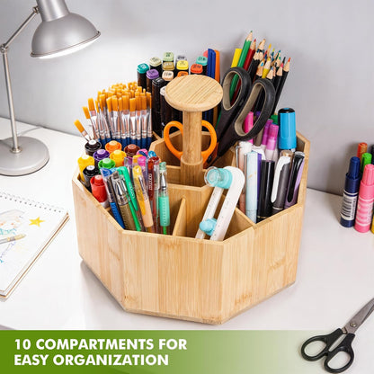 CraftGenes Bamboo Rotating Pen Organizer for Desk, 360° Spinning Desk Organizer with 10 Compartments, Wooden Pencil Holder, Desk Caddy for Office Supplies, Marker Organizer for Office Home School