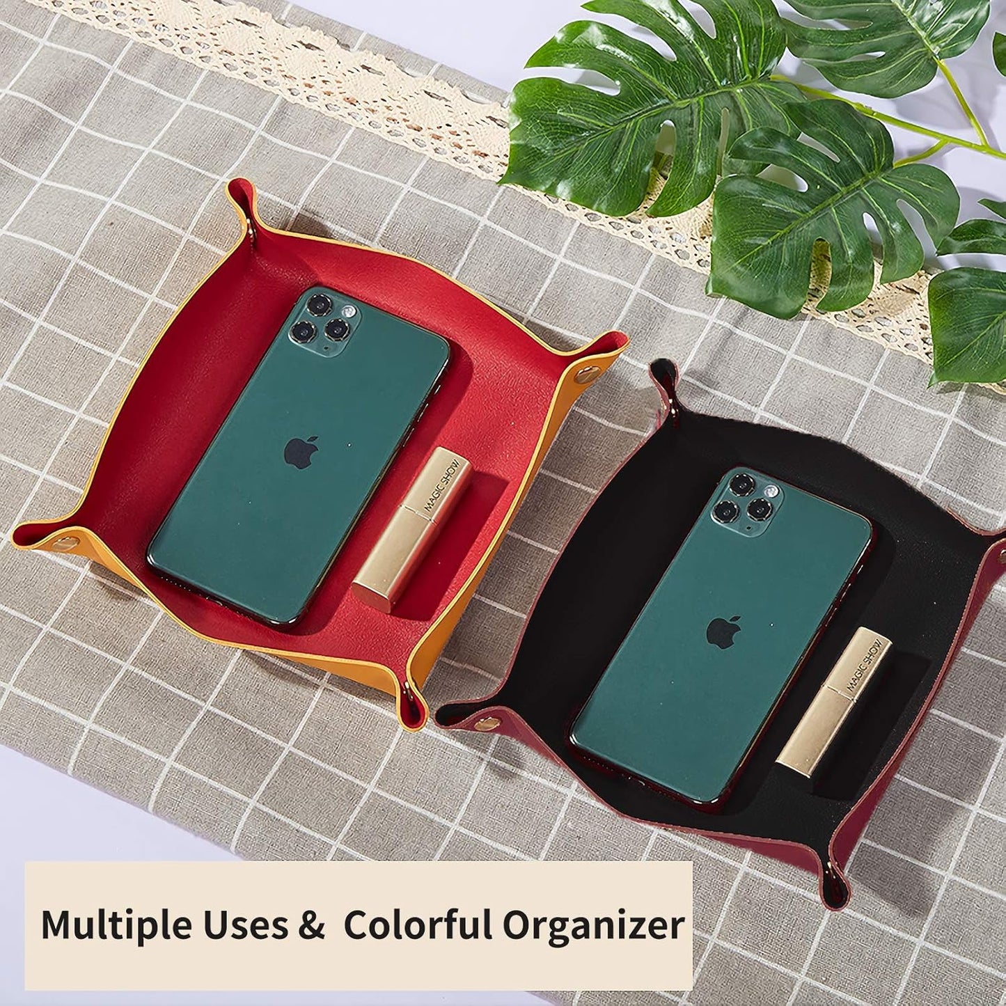 Leather Valet Tray for Men Women, Small Jewelry Catchall Tray, Deskop Nightstand Organizer, Portable Travel Key Plate for Entryway Table, Watch Candy Gifts (Red + Black)