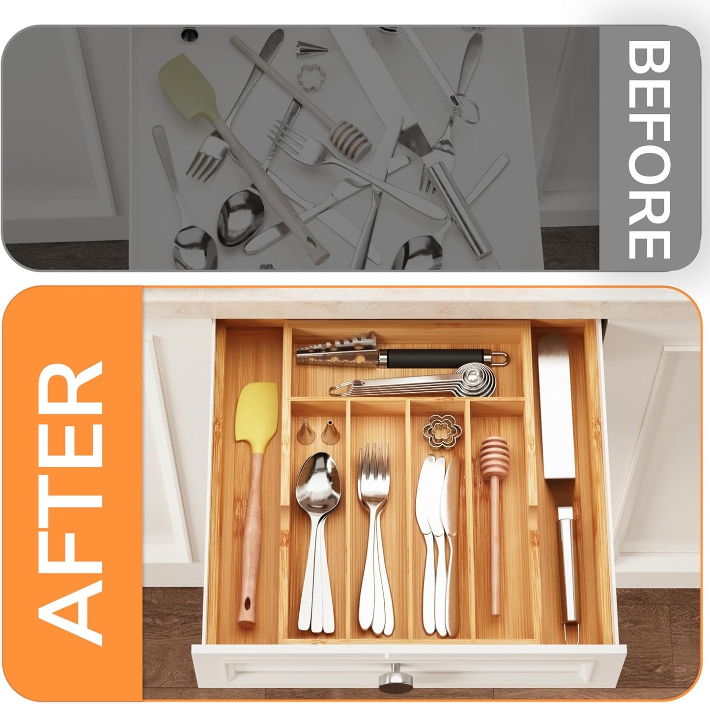 BAMEOS drawer organizer flatware organizer cutlery tray silverware organizer expandable adjustable bamboo drawer organizer kitchen bathroom