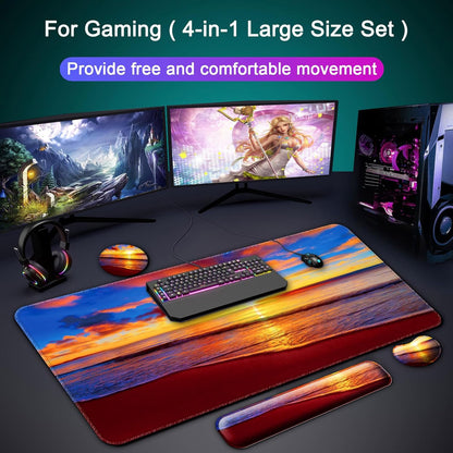 Keyboard Wrist Rest + Mouse Pad with Wrist Support + Desk Mat + Coaster 4 in 1 Set, XXL Large Gaming Mousepad Cute Ergonomic Mouse Pads for Desk Computer Laptop Office Decor-Beach