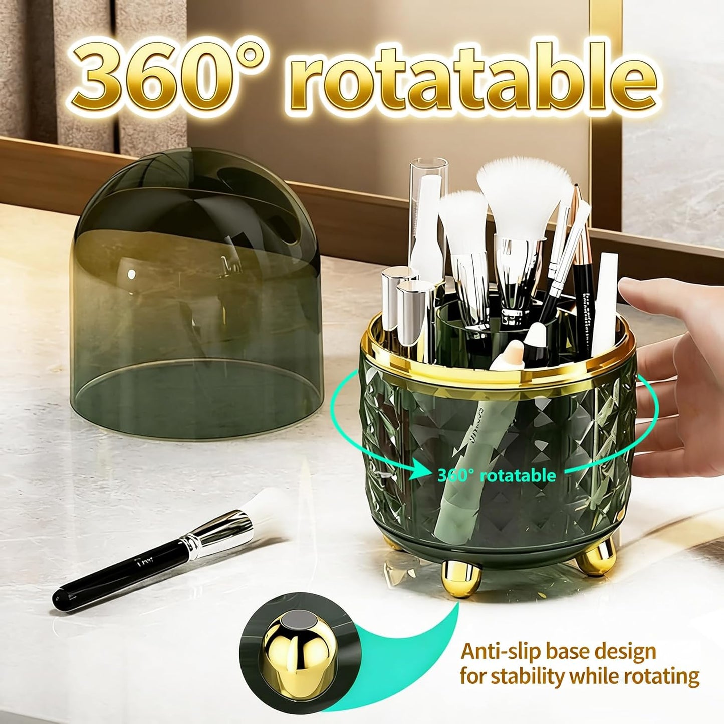 GOTOBA Dark Green Pen Pencil Holder for Desk, 360° Rotating Pen Organizer, Green Office Supplies, Cute Pen Holder, 6-Compartment Pencil Holder Rotating