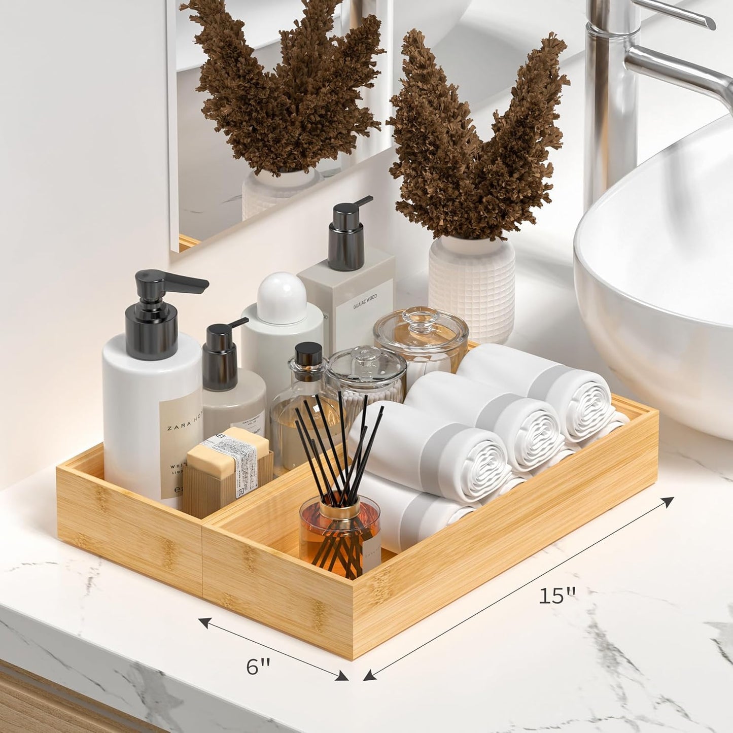 Kitchen Drawer Organizer Bins, Stackable Bamboo Drawer Organizer for Silverware, Flatware, Coffee Pod Organizer K Cup Holder for Countertop, 2 Pcs Coffee Station Organizer 12" x 6" x 2.5"