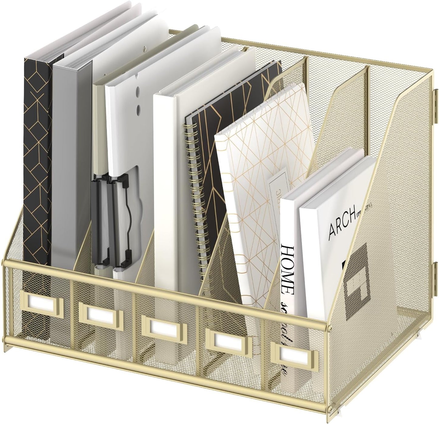 SUPEASY Desk Organizers Metal Desk Magazine File Holder with 5 Vertical Compartments Rack File Organizer for Office Desktop, Classroom, Home Workspace, Black