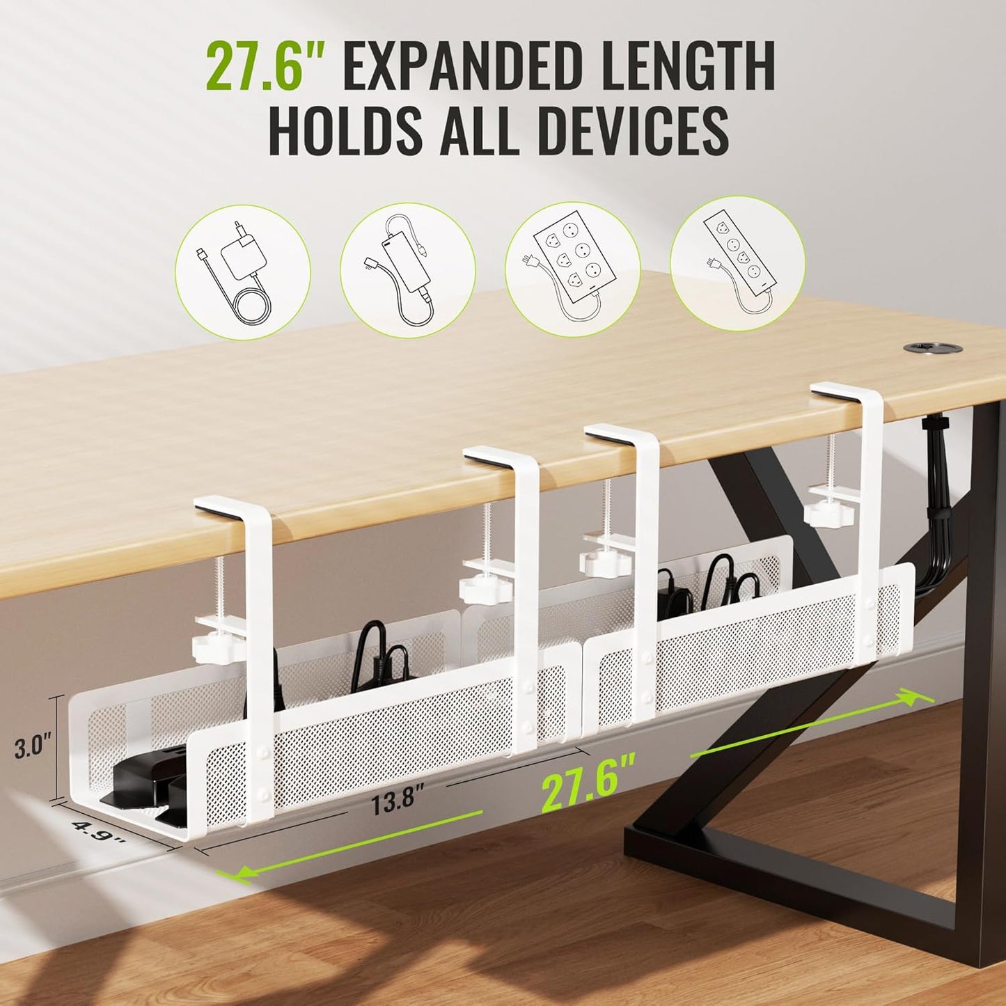 2 Pack Cable Management Under Desk Tray, 31.4" No Drill Under Desk Wire Management with Upgraded Clamp, Metal Cord Organizers for Desk with Cable Organizers, PC Cable Management Rack, Black