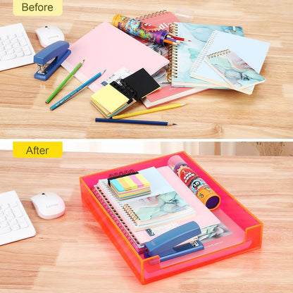 Paper Tray Acrylic File Organizer for Desk Letter Tray Desk Organizer Document Holder Sorter Storage for A4 Office Supplies Magazines, 13.8x10.6x2.4 Inches, Neon Pink