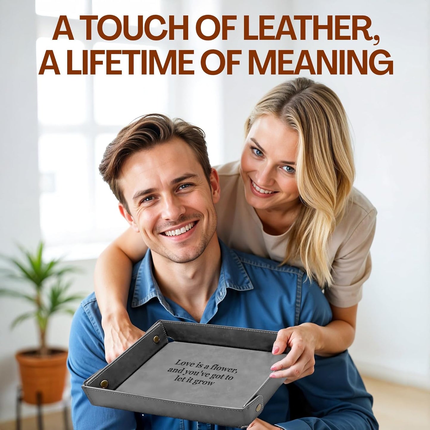Engraved Leather Valet Tray for Men – Personalized Catchall with Custom Name for Desk, Dresser, Nightstand – Men's Organizer Tray for Keys, Wallet, Jewelry, Personalized Gift for Home, Office - Coffee