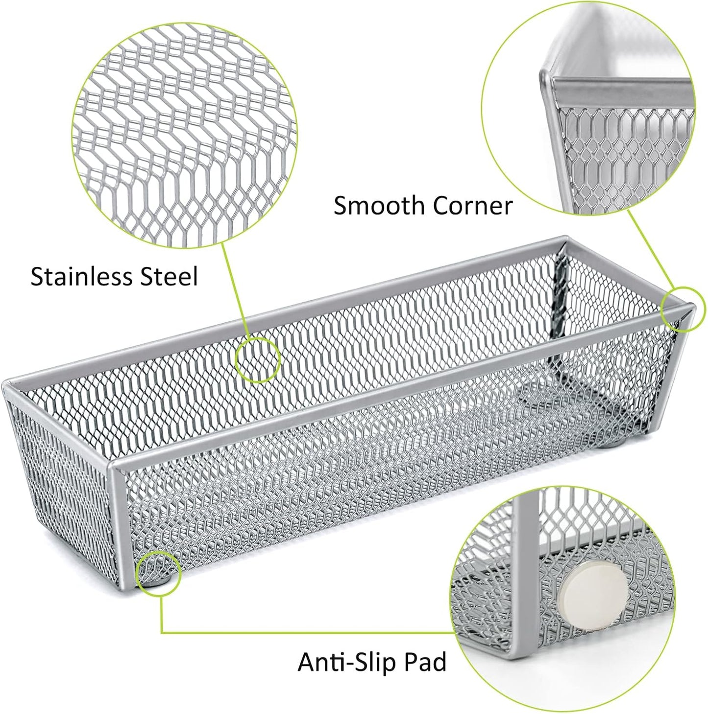 Neudeco Drawer Organizer Set 6 Pack - 5-Compartment Silverware Organizer Tray + 5 Utensil Trays, Kitchen Drawer Organizer for Flatware, Cutlery, Office Supplies, Black Mesh, Non-Slip.
