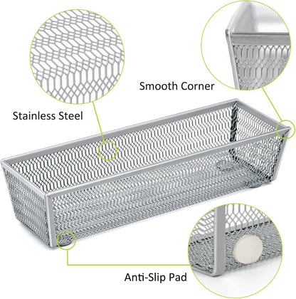Neudeco Drawer Organizer Set 6 Pack - 5-Compartment Silverware Organizer Tray + 5 Utensil Trays, Kitchen Drawer Organizer for Flatware, Cutlery, Office Supplies, Black Mesh, Non-Slip.
