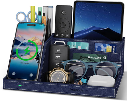 TopMade Wireless Charger Desk Nightstand Organizer, Leather Pen Holder Office Supplies Desk Accessories Fast Charging Station, Remote Control Holder, for iphone Charger Stand Gifts for Men (Black)