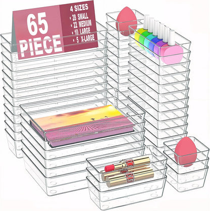 Manalete Drawer Organizers Set of 15, 4 Sizes Clear Plastic Drawer Organizers and Storage Bins for Kitchen, Bathroom, Office, Dresser Desk Drawer Organizer Tray for Jewelry, Makeup, Junk, Gadgets