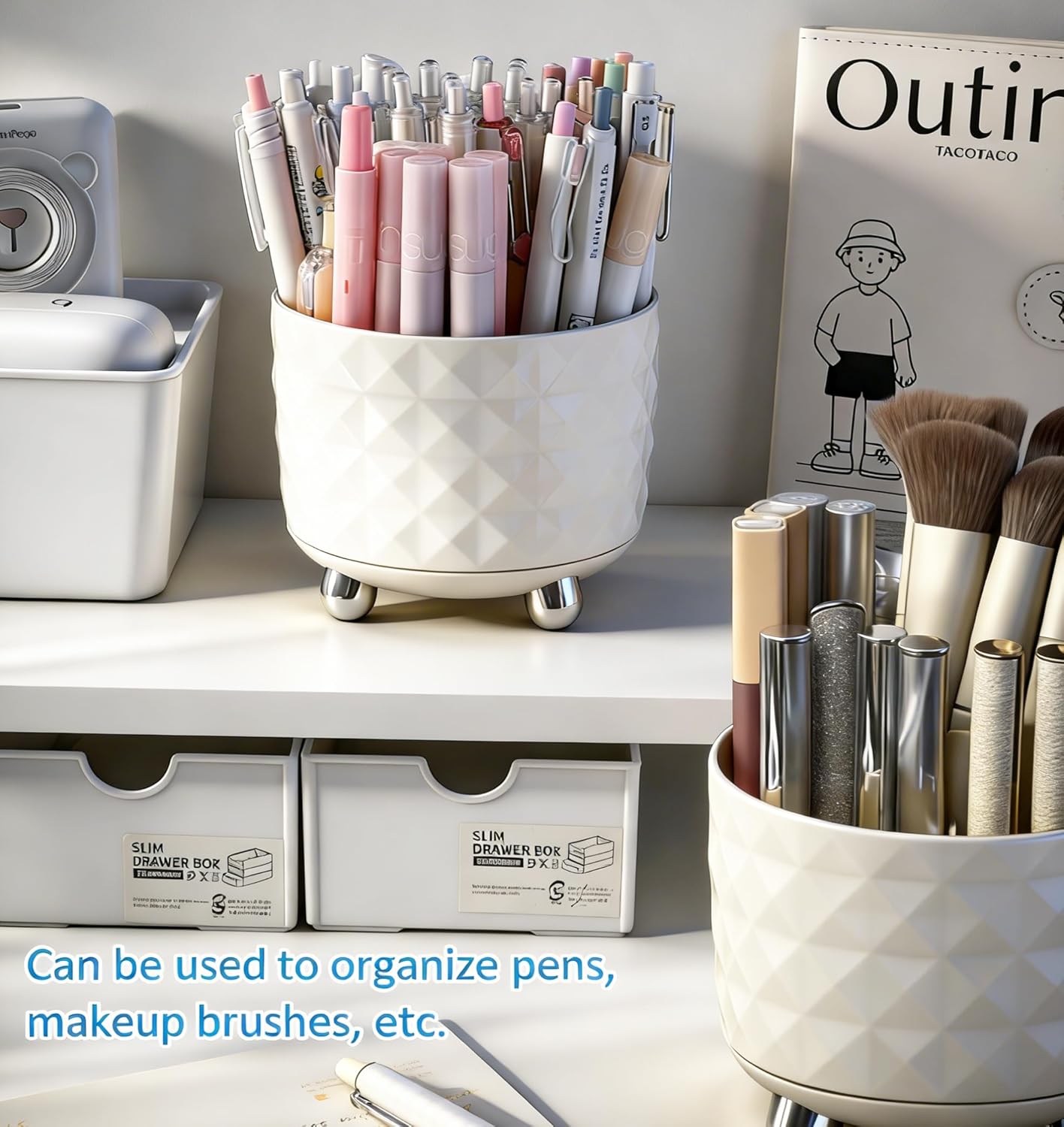GOTOBA Dark Green Pen Pencil Holder for Desk, 360° Rotating Pen Organizer, Green Office Supplies, Cute Pen Holder, 6-Compartment Pencil Holder Rotating