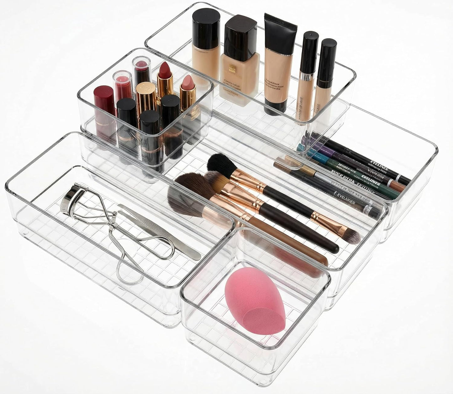 6 PCS Clear Plastic Drawer Organizer Set, 2 Sizes Acrylic Drawer Storage Trays Non Slip Storage Bins for Makeup, Jewelry, Gadgets for Kitchen, Bedroom, Bathroom, Office