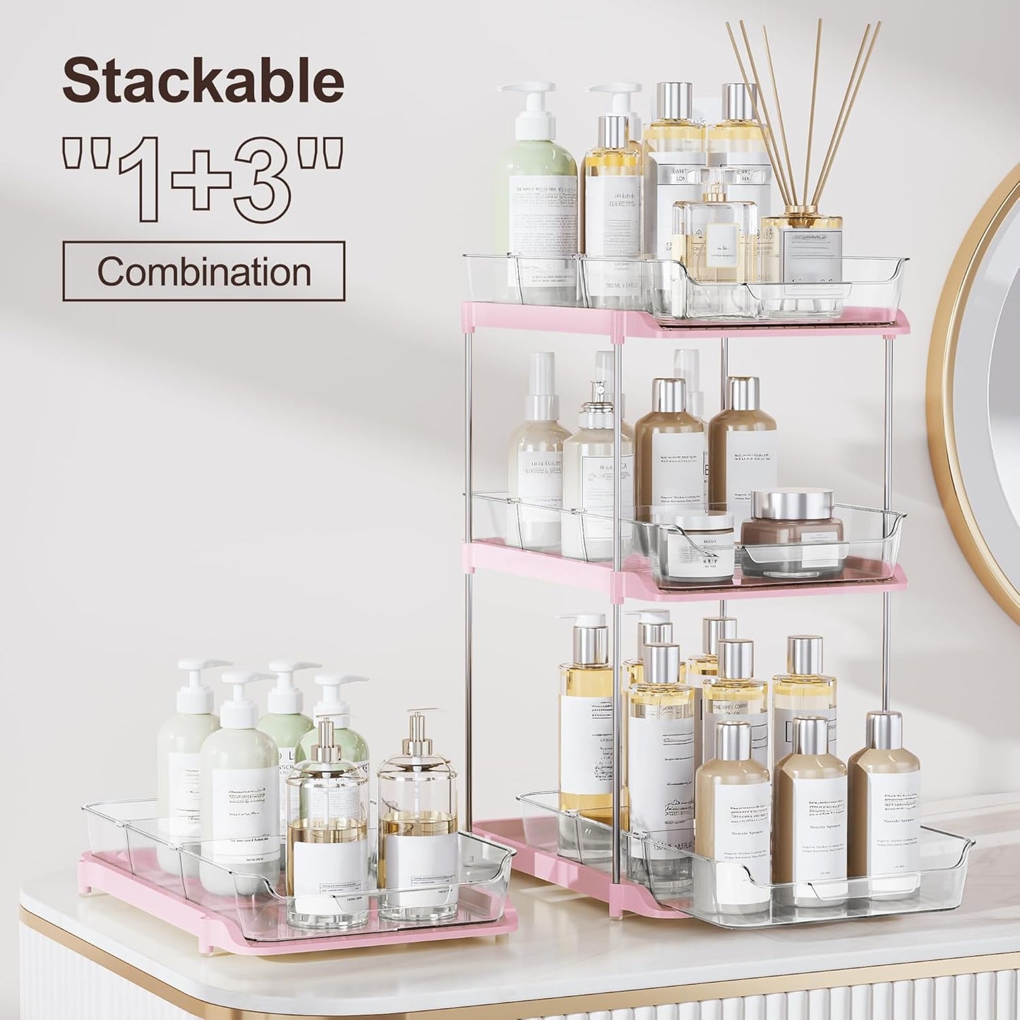 Delamu 2-Tier Multi-Purpose Bathroom Under Sink Organizers and Storage, Stackable Kitchen Pantry Organization, Pull Out Medicine Cabinet Organizer with Movable Dividers, White, 2 Pack