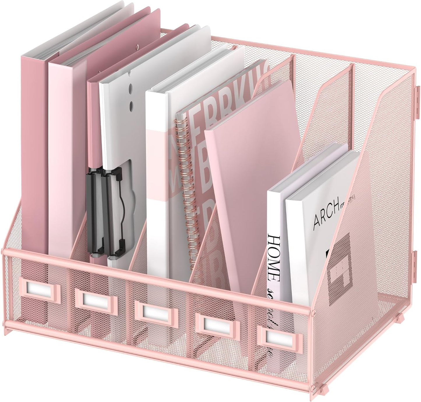 SUPEASY Desk Organizers Metal Desk Magazine File Holder with 5 Vertical Compartments Rack File Organizer for Office Desktop, Classroom, Home Workspace, Black
