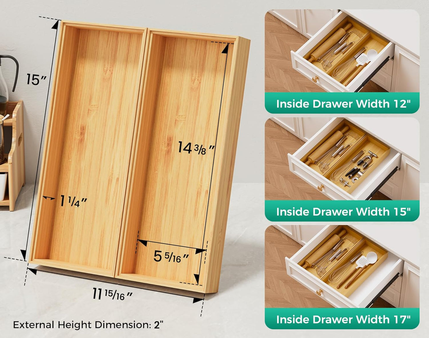 Bamboo Kitchen Drawer Organizer Set of 2, Stackable 15" x 6" Wood Silverware Utensil Tray for Drawers Bins, Cutlery & Flatware Storage – Wooden Boxes Organizers for Junk Drawer, Bathroom, RV