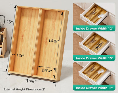 Bamboo Kitchen Drawer Organizer Set of 2, Stackable 15" x 6" Wood Silverware Utensil Tray for Drawers Bins, Cutlery & Flatware Storage – Wooden Boxes Organizers for Junk Drawer, Bathroom, RV