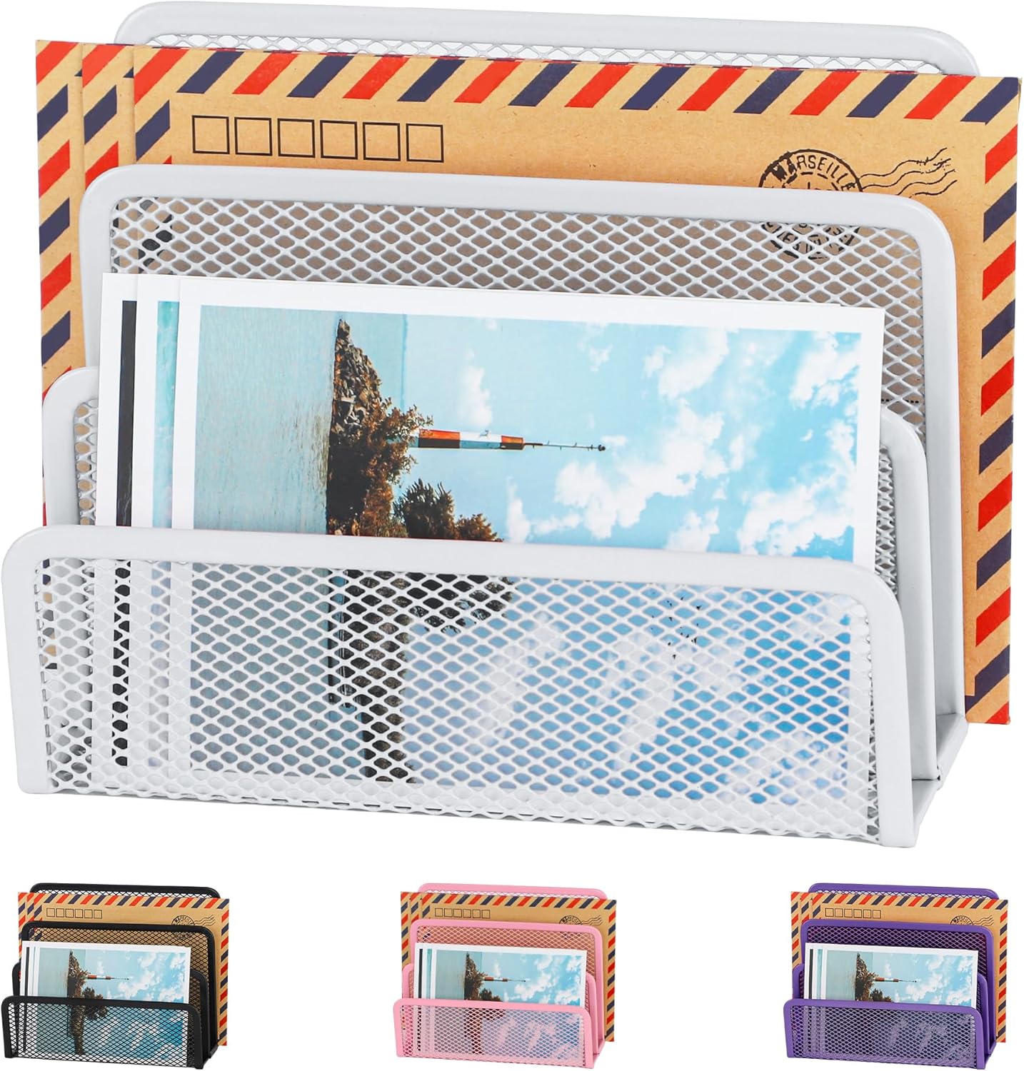 EASEPRES Desk Mail Organizer, Office Small Desktop Metal Mesh Envelope Letter Sorter Paper File Holder Organizer with 3 Vertical Upright Compartments, Black 1 Pack