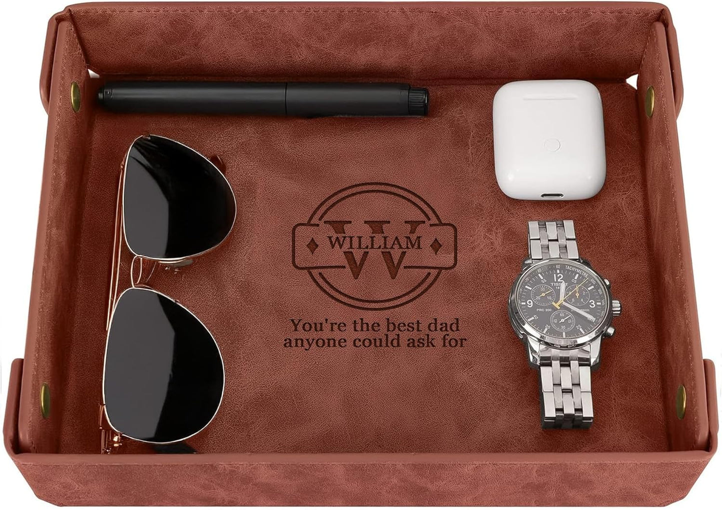 Engraved Leather Valet Tray for Men – Personalized Catchall with Custom Name for Desk, Dresser, Nightstand – Men's Organizer Tray for Keys, Wallet, Jewelry, Personalized Gift for Home, Office - Coffee