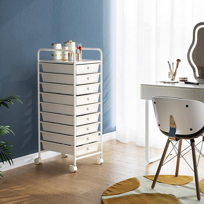 4-Tier Utility Cart with 4 Drawers, Rolling Utility Cart with 2 Lockable Caster Wheels, Multipurpose Mobile Rolling Drawer Cart for Office Bathroom Kitchen, Ivory White
