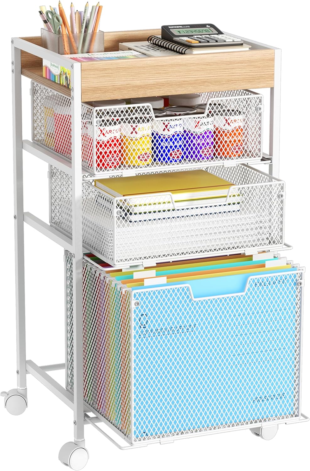 SWTYMIKI Rolling File Cart with Drawers - 4 Tier Under Desk Storage Craft Rolling Organizer Cart - Office Storage &Organization, Mobile Metal Filing Cabinet for Office and Home Espresso