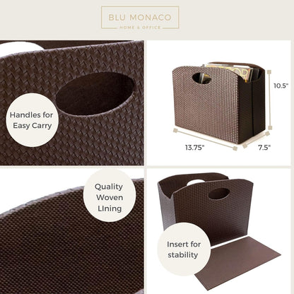 BLU MONACO Brown Woven Leather Magazine Holder Basket with Handles | Vertical File Organizer for Desk | File Folder Storage Bin for Office, Living Room or Bathroom